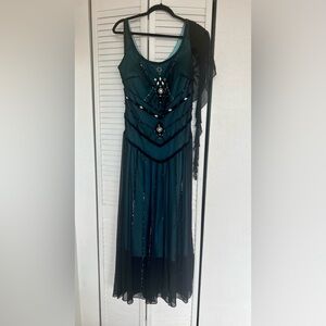 Downton Abbey Black Mesh/Teal Evening Gown sz14 rhinestone accents